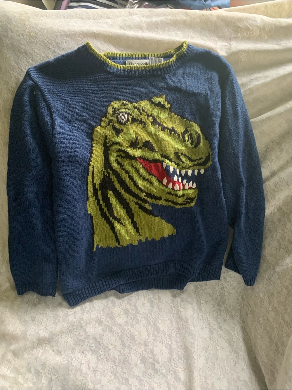 Vintage Flapdoodles Studio Kids 6 Blue Ramie Cotton T-Rex Dinosaur Knit Sweater